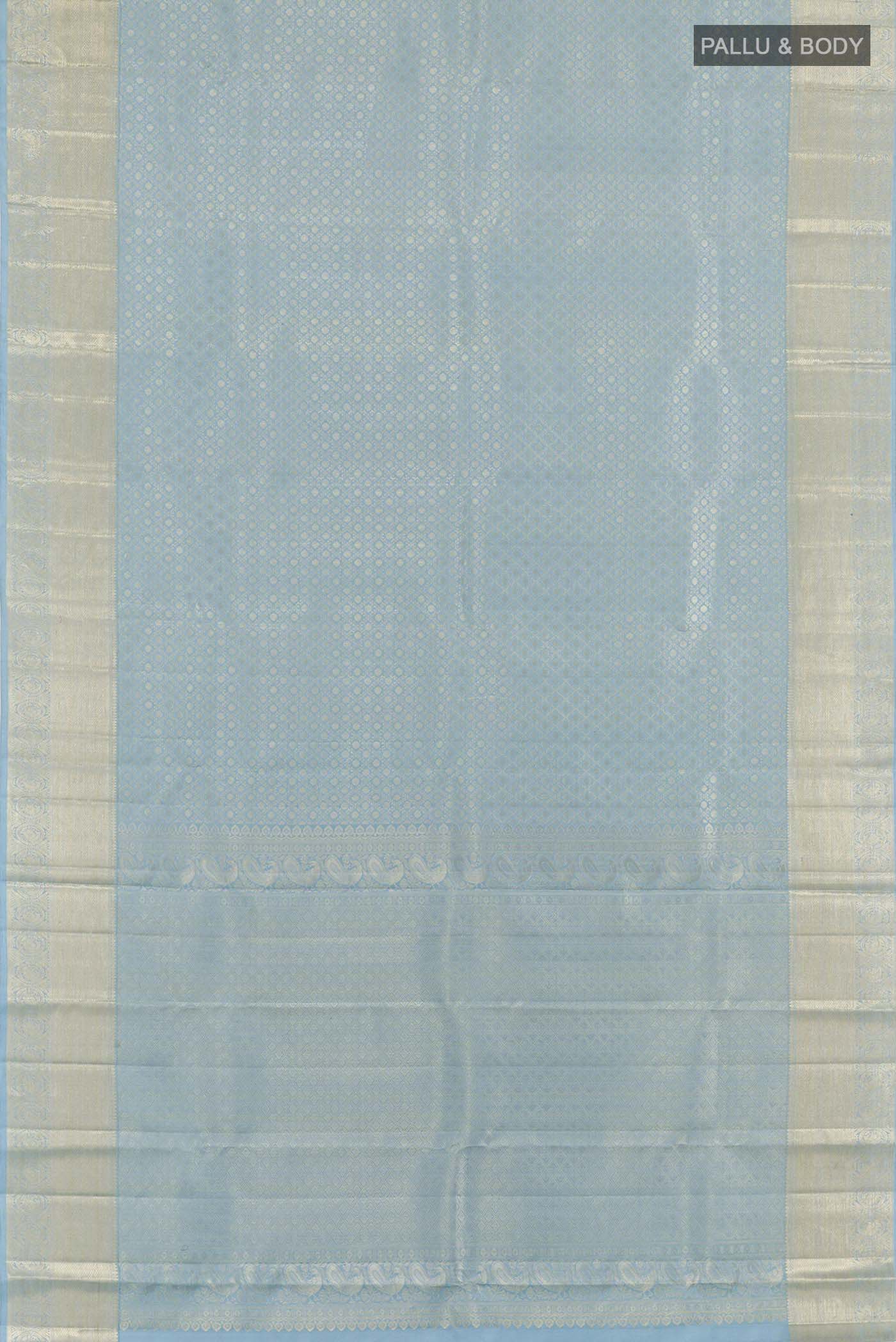 Flat view of Blue Kanchipuram Silk Saree with Zari Brocade on the body and Zari Border. 