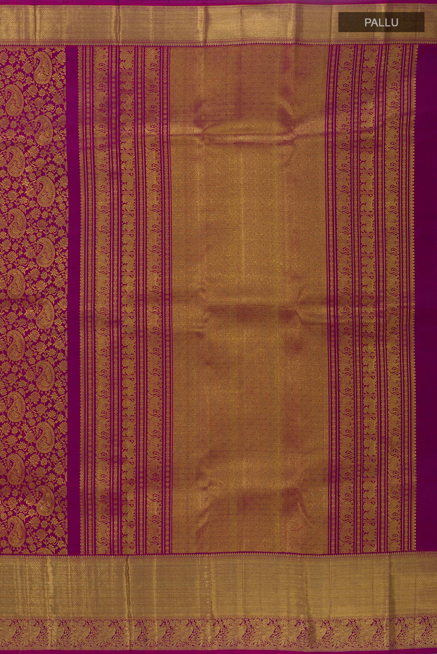 Close up image of the pallu of Purple Kanchipuram Silk Saree with Zari Brocade on the body and Zari Border. 