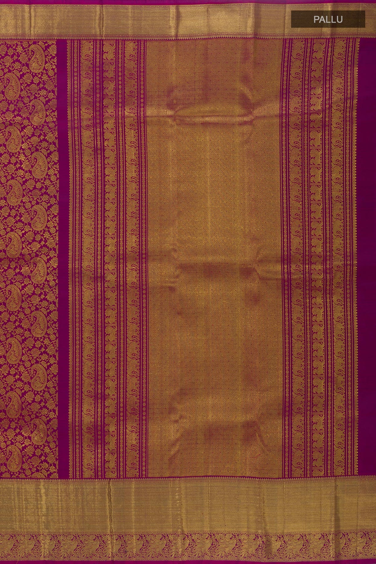 Close up image of the pallu of Purple Kanchipuram Silk Saree with Zari Brocade on the body and Zari Border. 