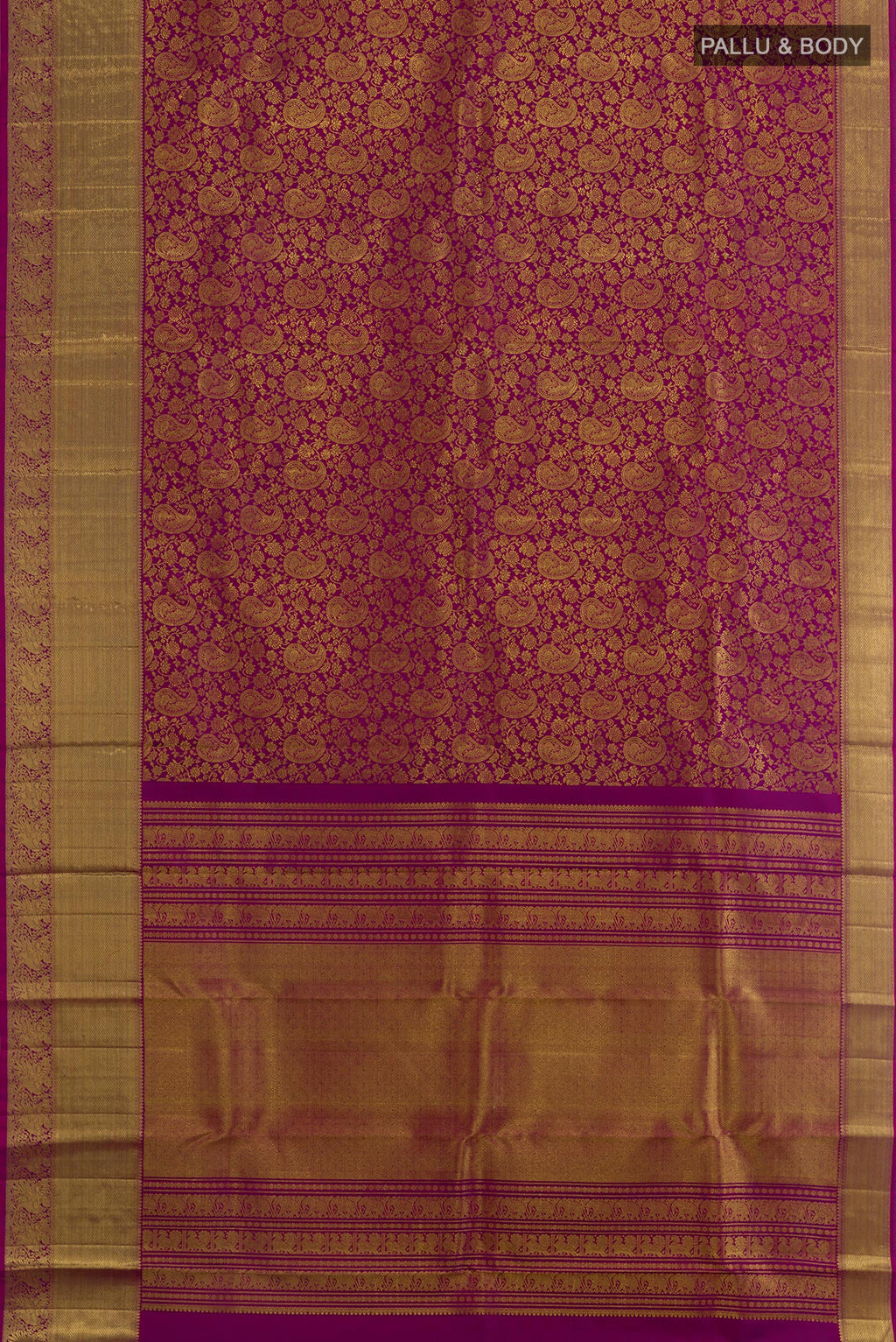 Flat view of Purple Kanchipuram Silk Saree with Zari Brocade on the body and Zari Border. 