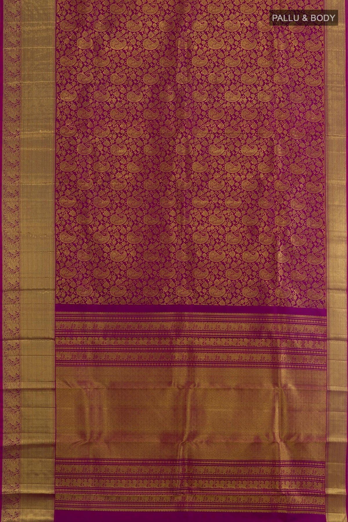 Flat view of Purple Kanchipuram Silk Saree with Zari Brocade on the body and Zari Border. 