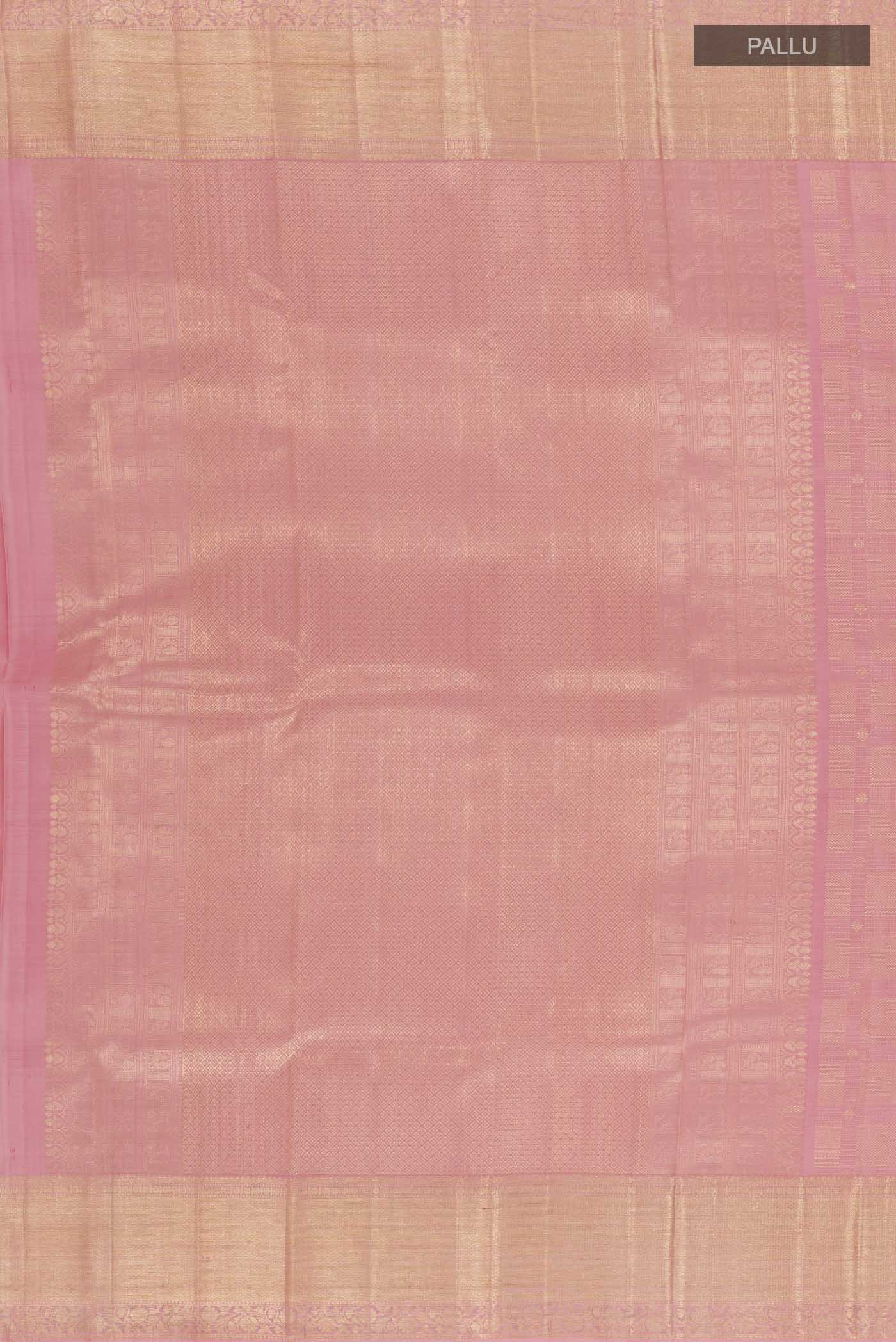 Close up image of the pallu of Pink Kanchipuram Silk Saree with Zari Brocade on the body and Zari Border. 