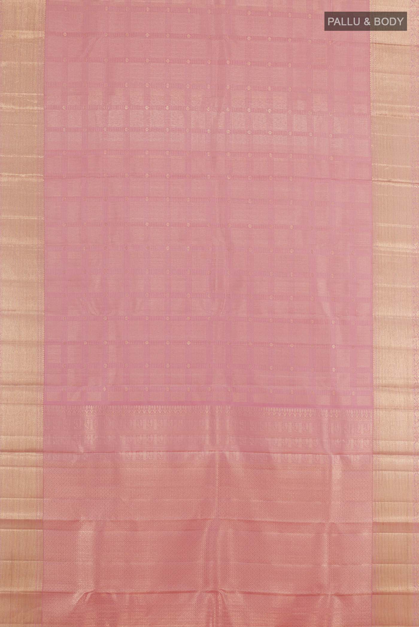 Flat view of Pink Kanchipuram Silk Saree with Zari Brocade on the body and Zari Border. 
