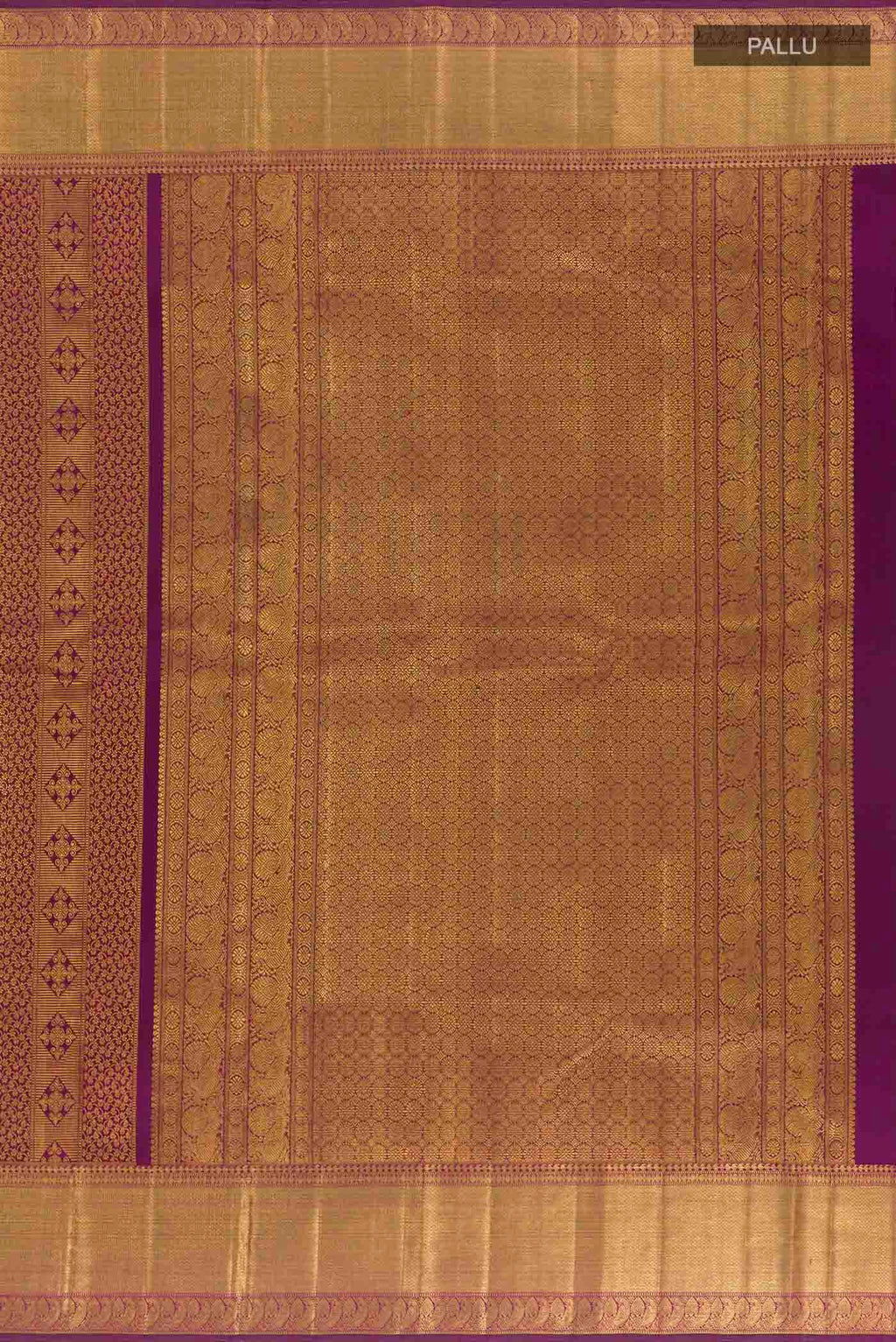 Close up image of the pallu of Purple Kanchipuram Silk Saree with Zari Brocade on the body and Zari Border. 