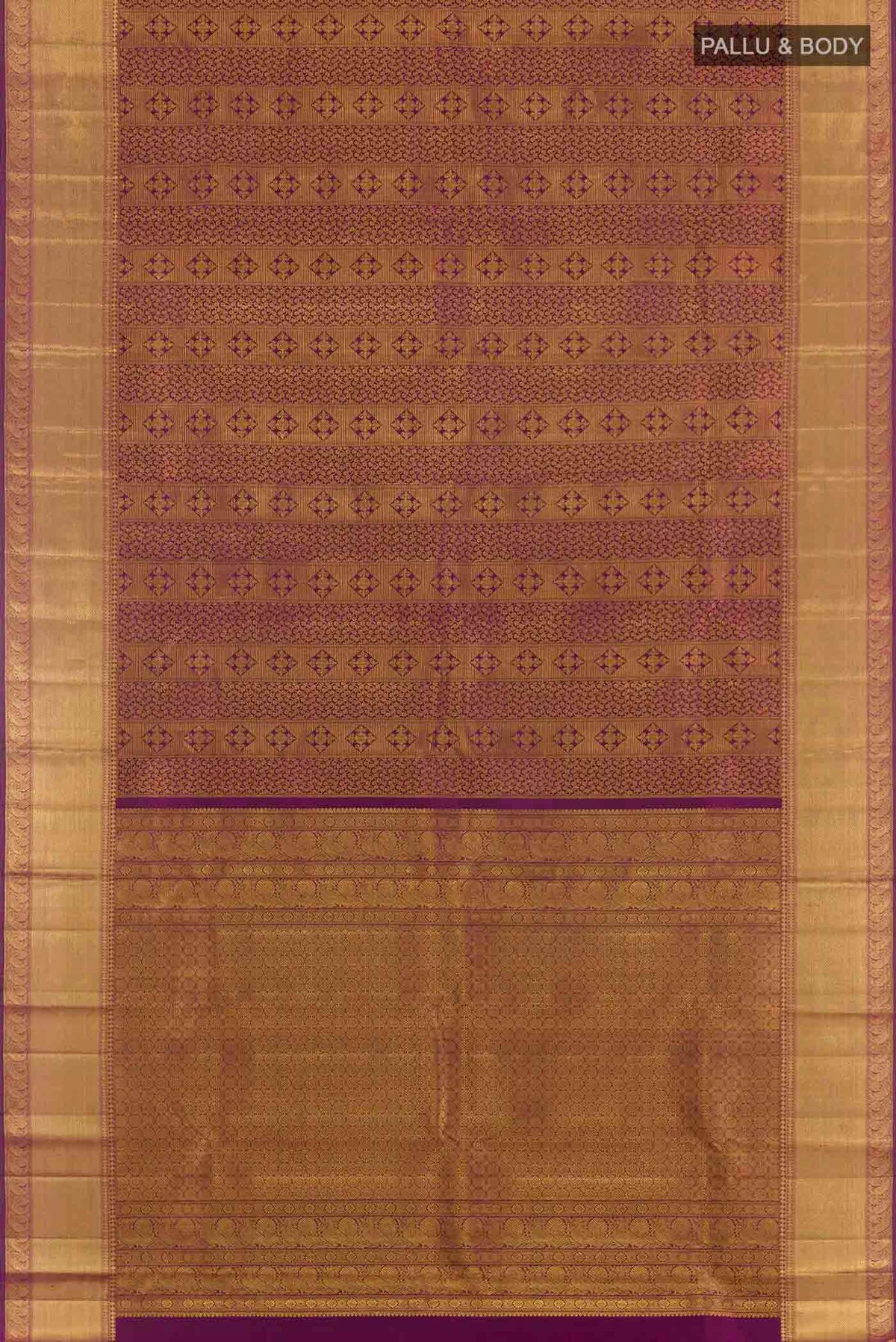 Flat view of Purple Kanchipuram Silk Saree with Zari Brocade on the body and Zari Border. 