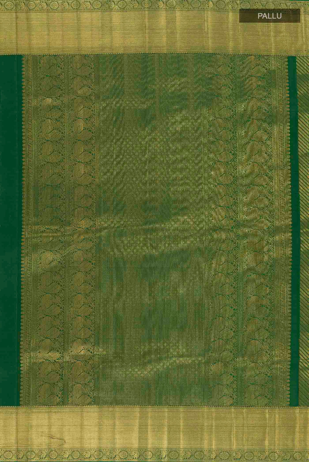 Close up image of the pallu of Green Kanchipuram Silk Saree with Zari Brocade on the body and Zari Border. 