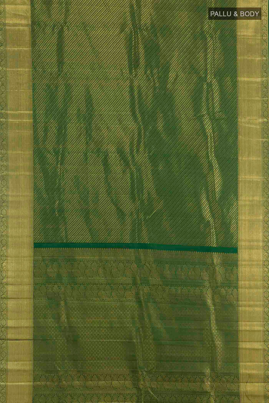 Flat view of Green Kanchipuram Silk Saree with Zari Brocade on the body and Zari Border. 