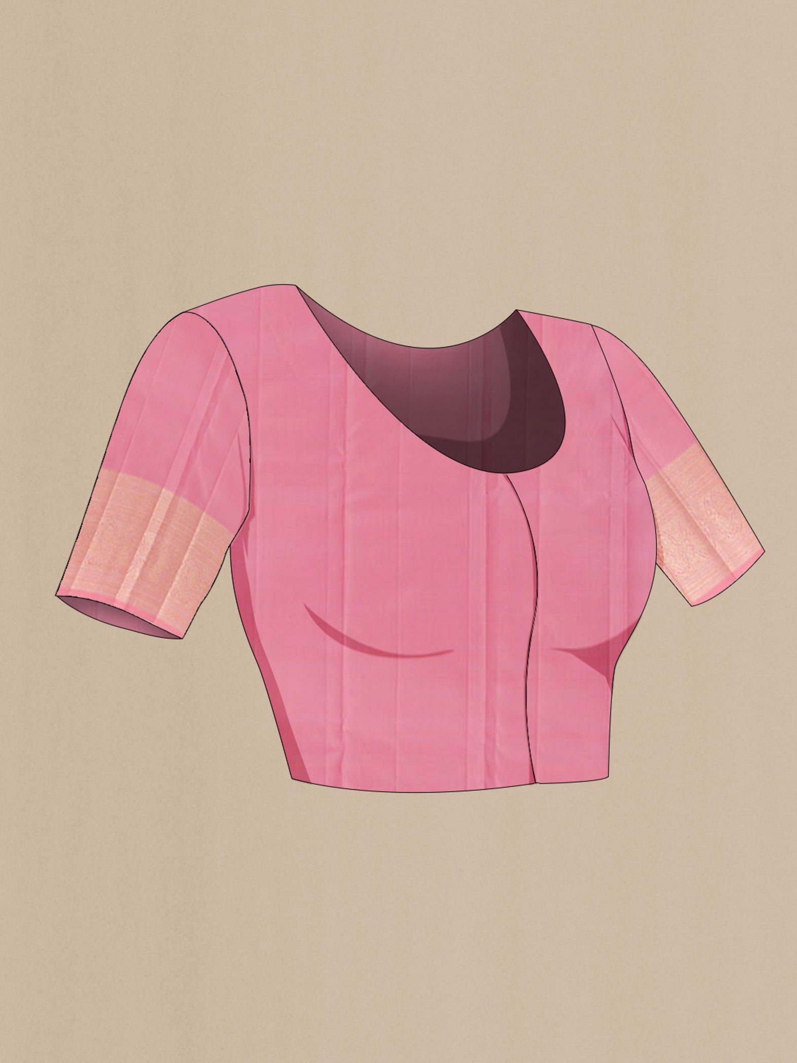 Close up image of the blouse of Pink Kanchipuram Silk Saree with Stripes on the body and Zari Border. 