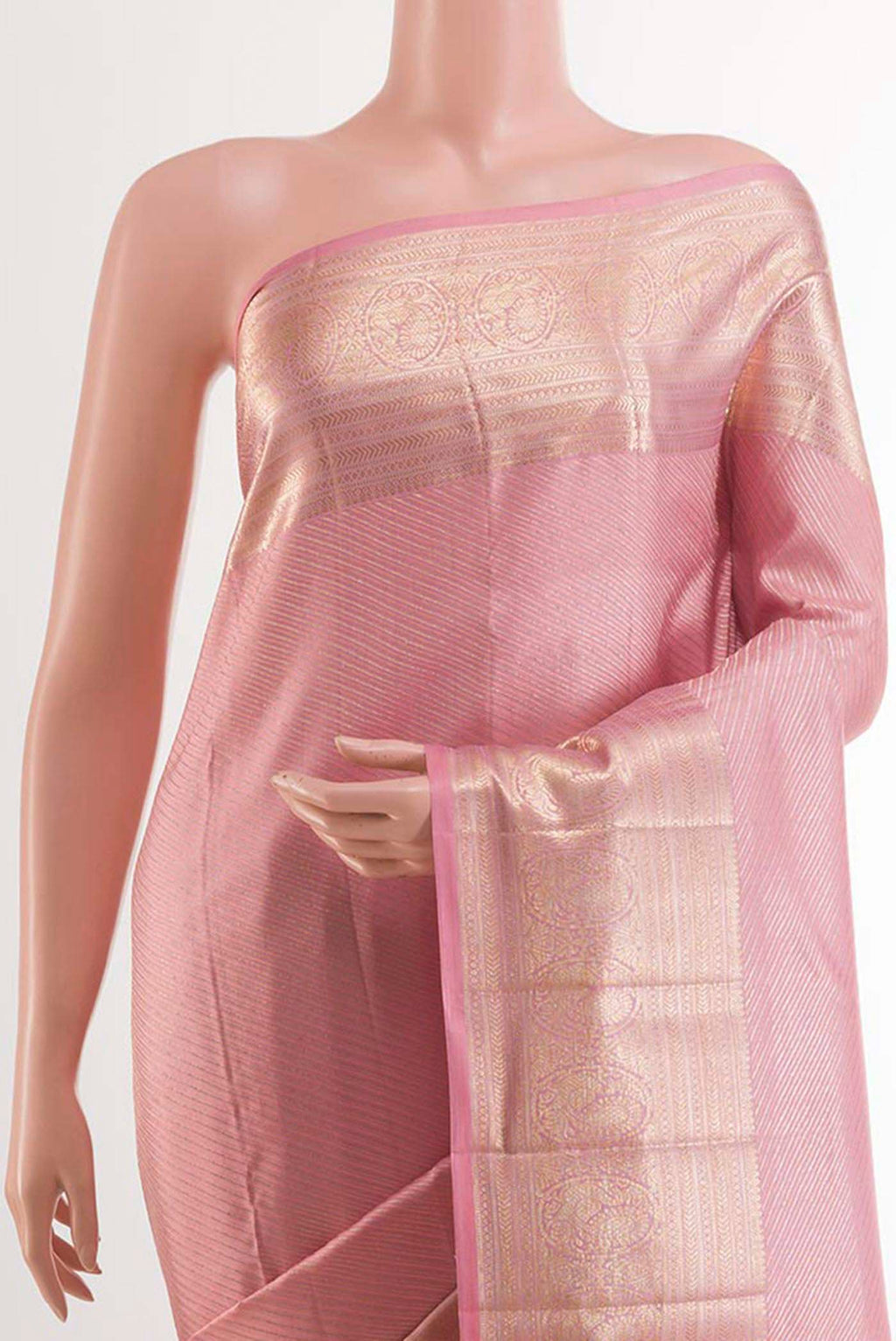 Border image of Pink Kanchipuram Silk Saree with Stripes on the body and Zari Border. 