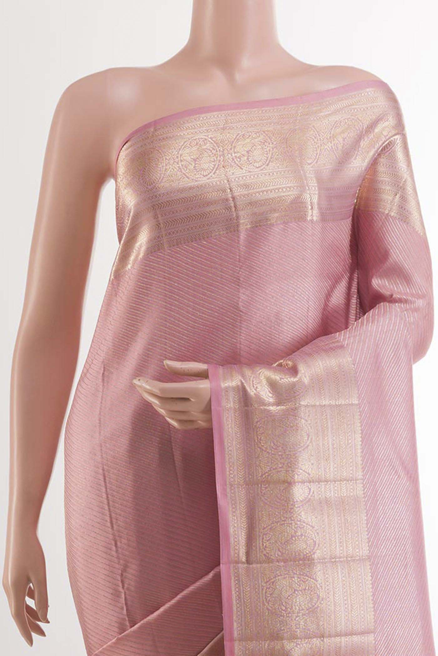 Border image of Pink Kanchipuram Silk Saree with Stripes on the body and Zari Border. 