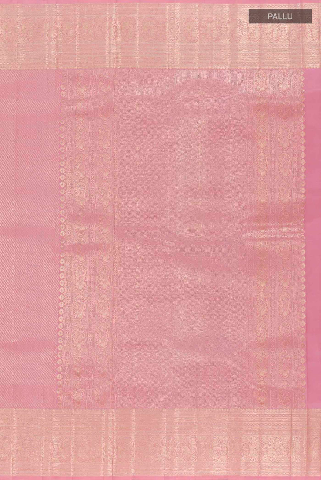 Close up image of the pallu of Pink Kanchipuram Silk Saree with Stripes on the body and Zari Border. 