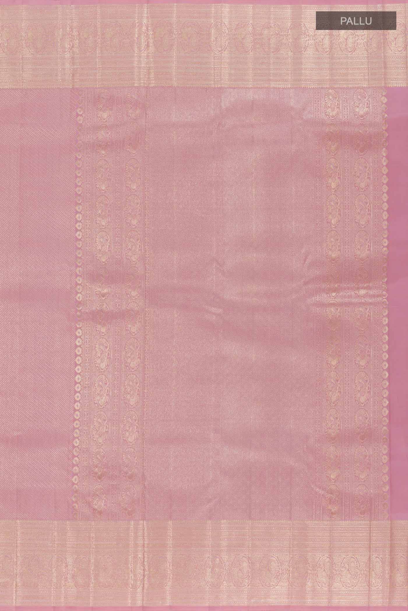 Close up image of the pallu of Pink Kanchipuram Silk Saree with Stripes on the body and Zari Border. 