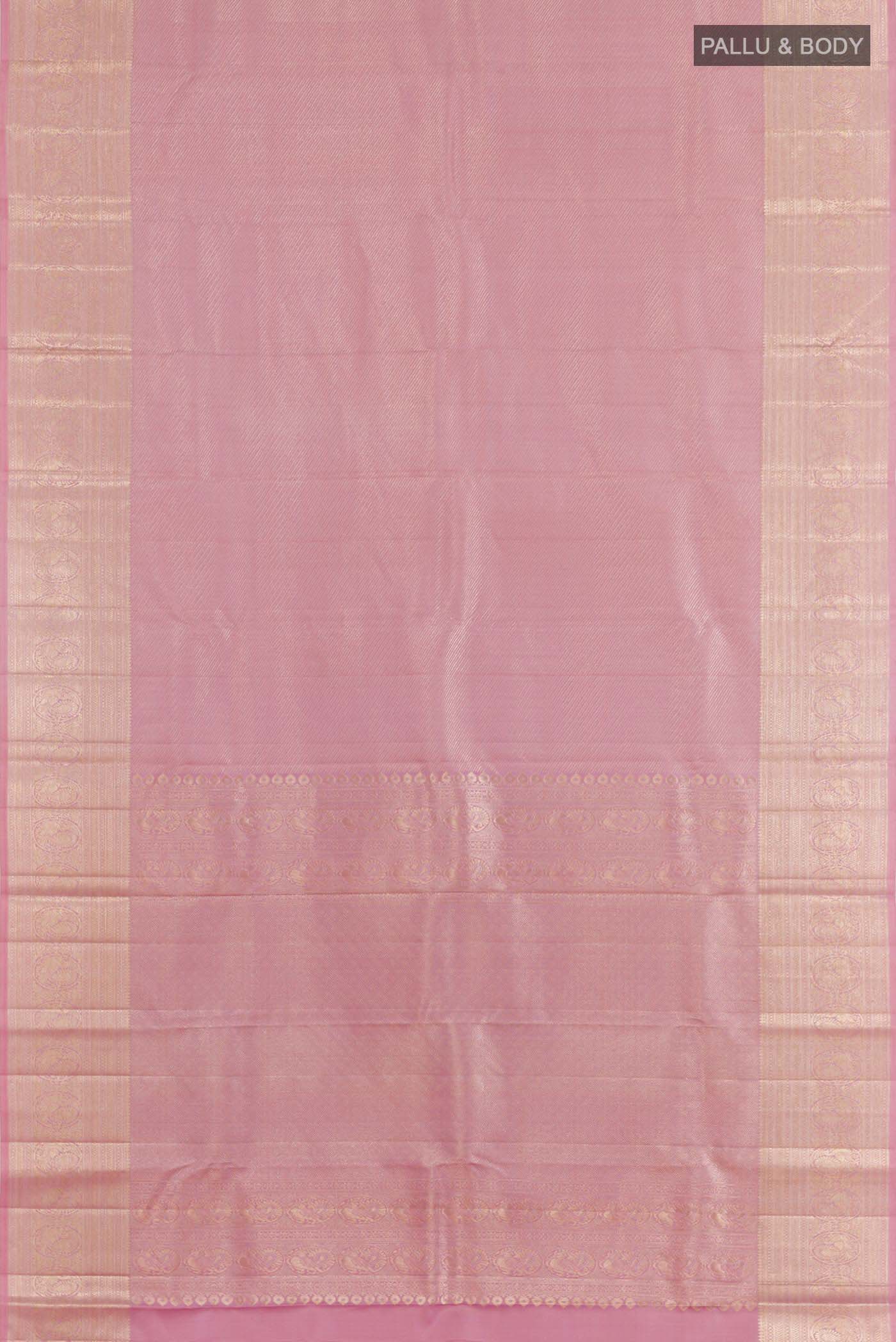 Flat view of Pink Kanchipuram Silk Saree with Stripes on the body and Zari Border. 