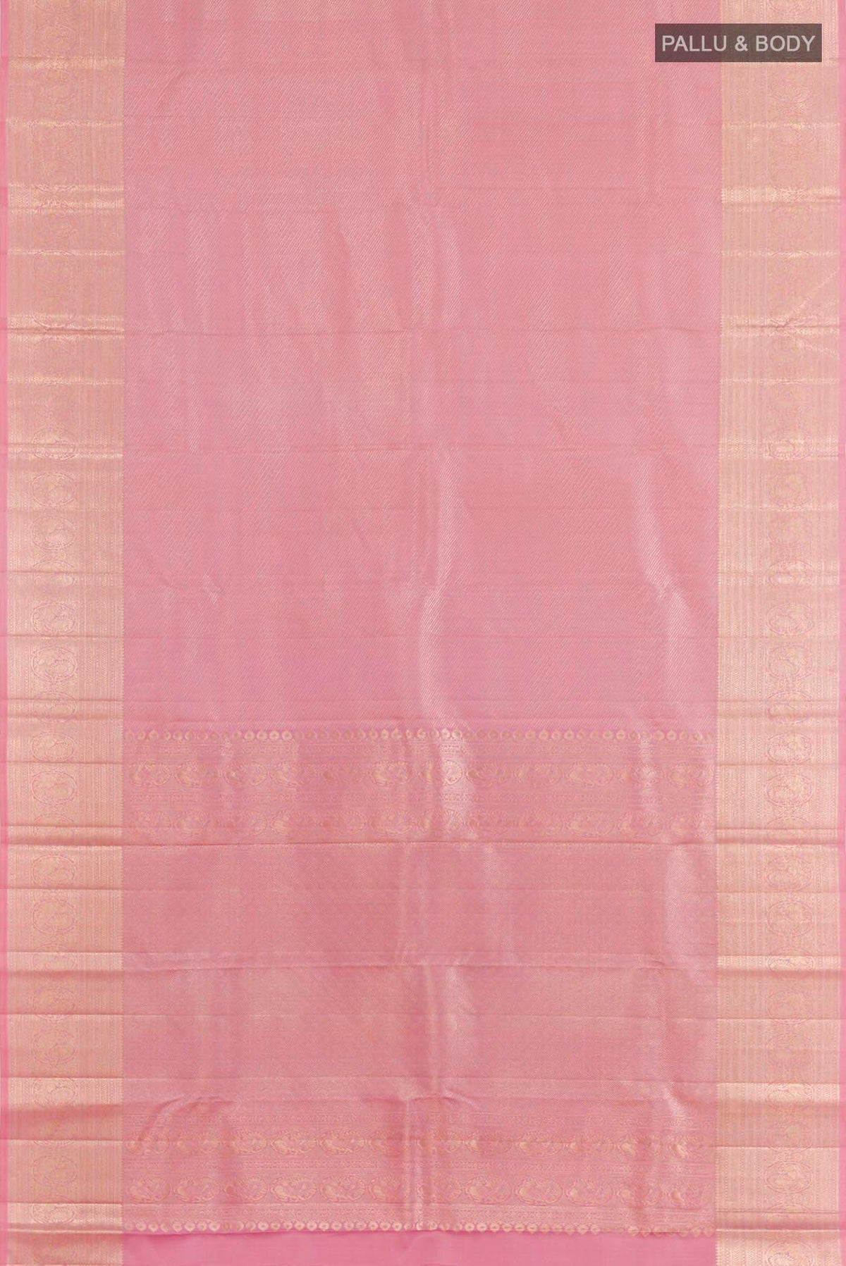 Flat view of Pink Kanchipuram Silk Saree with Stripes on the body and Zari Border. 