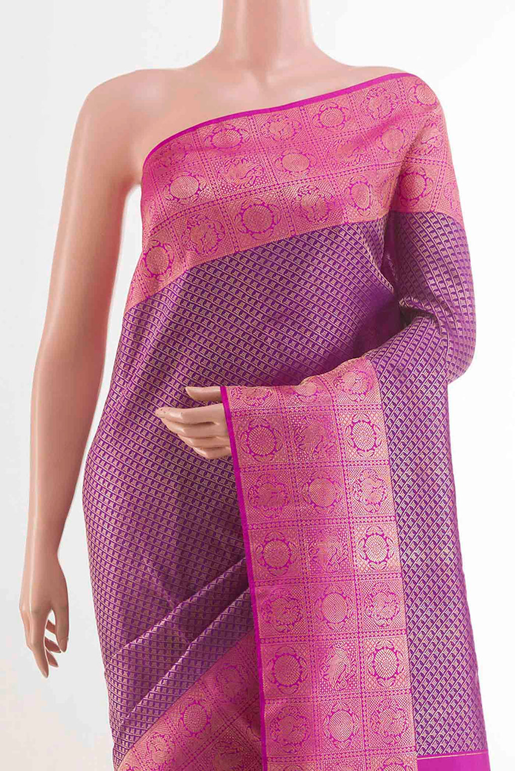 Border image of Purple Kanchipuram Silk Saree with Zari Brocade on the body and Zari Border. 