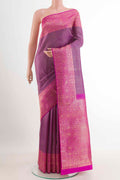 Purple Kanchipuram Silk Saree with Zari Brocade on the body and Zari Border.  displayed on a mannequin