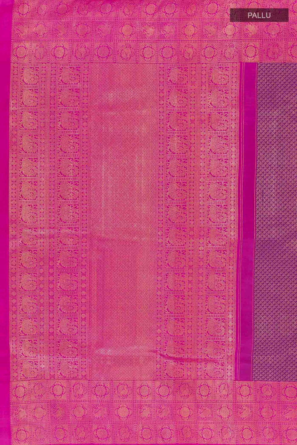 Close up image of the pallu of Purple Kanchipuram Silk Saree with Zari Brocade on the body and Zari Border. 