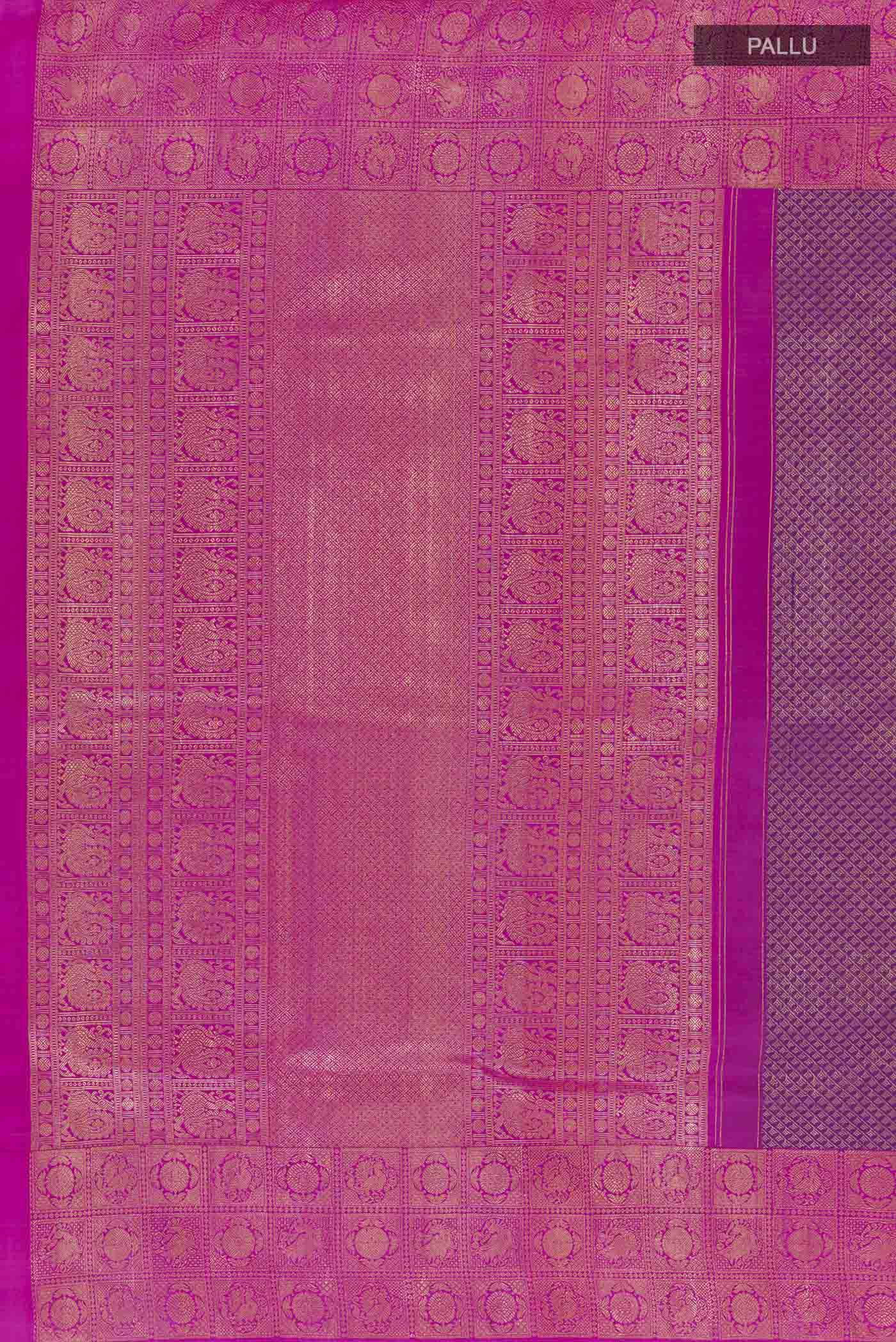 Close up image of the pallu of Purple Kanchipuram Silk Saree with Zari Brocade on the body and Zari Border. 