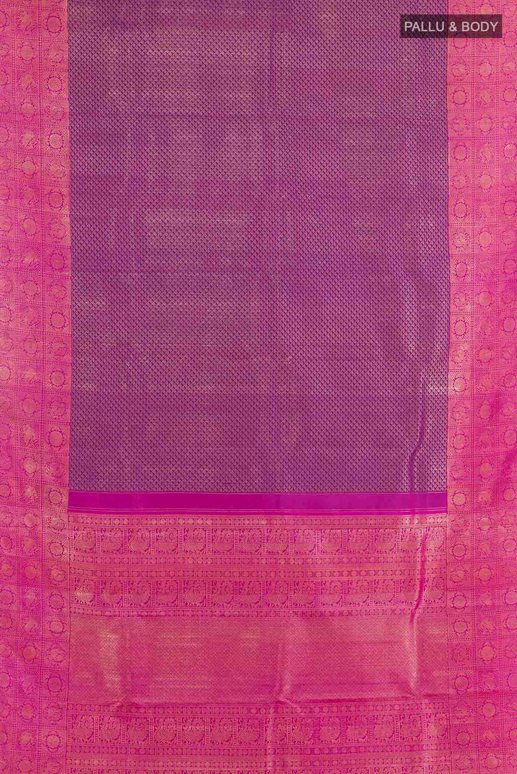 Flat view of Purple Kanchipuram Silk Saree with Zari Brocade on the body and Zari Border. 