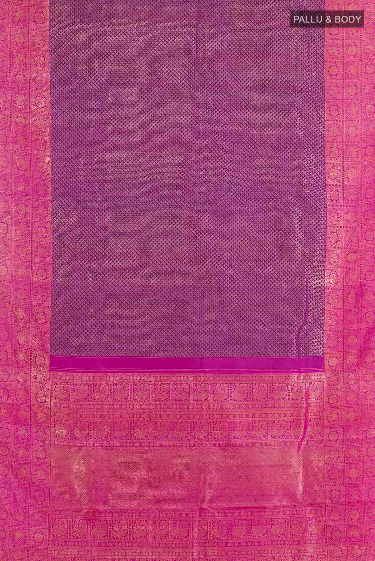 Flat view of Purple Kanchipuram Silk Saree with Zari Brocade on the body and Zari Border. 