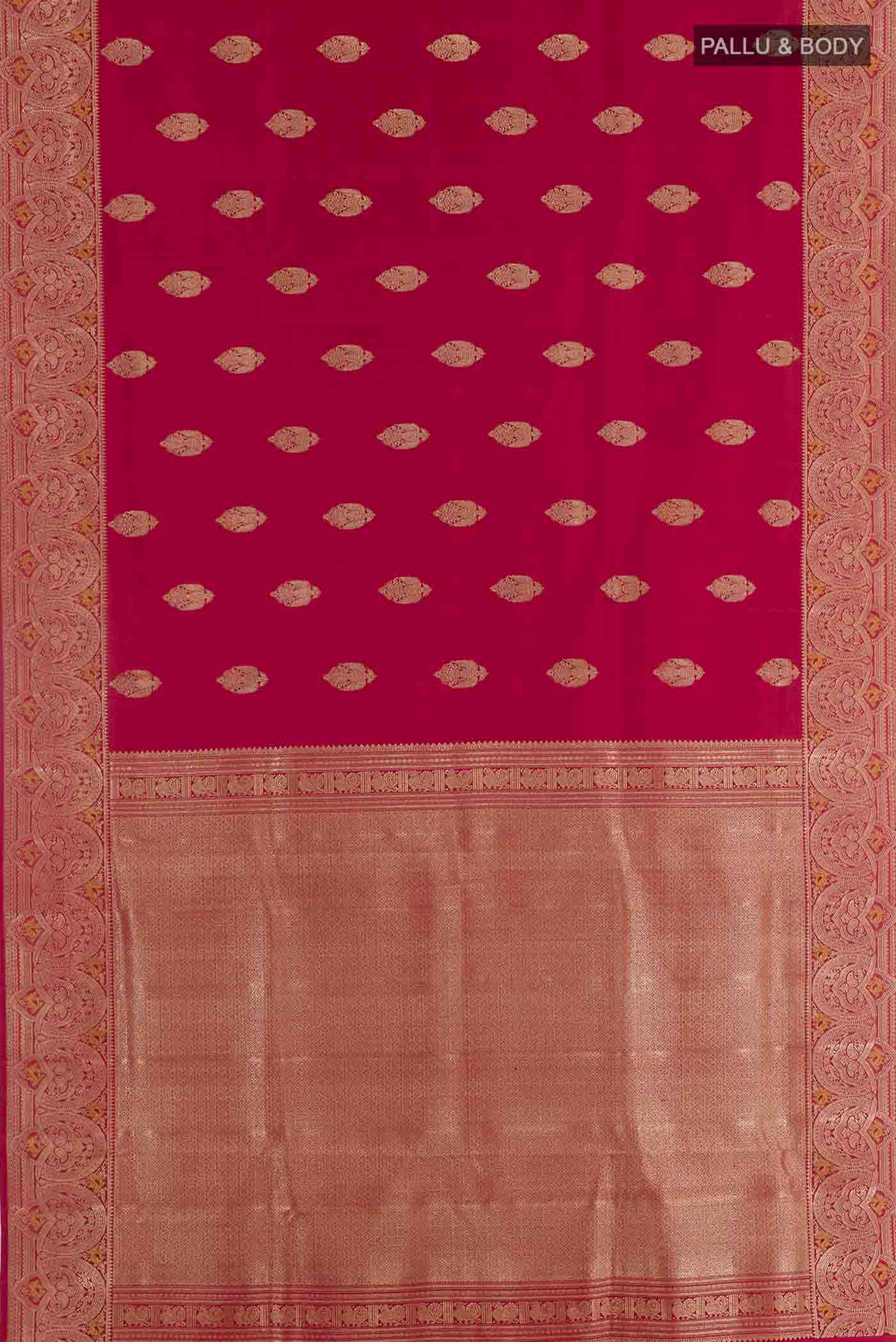 Flat view of Red Kanchipuram Silk Saree with Zari Butta on the body and Zari Border. 
