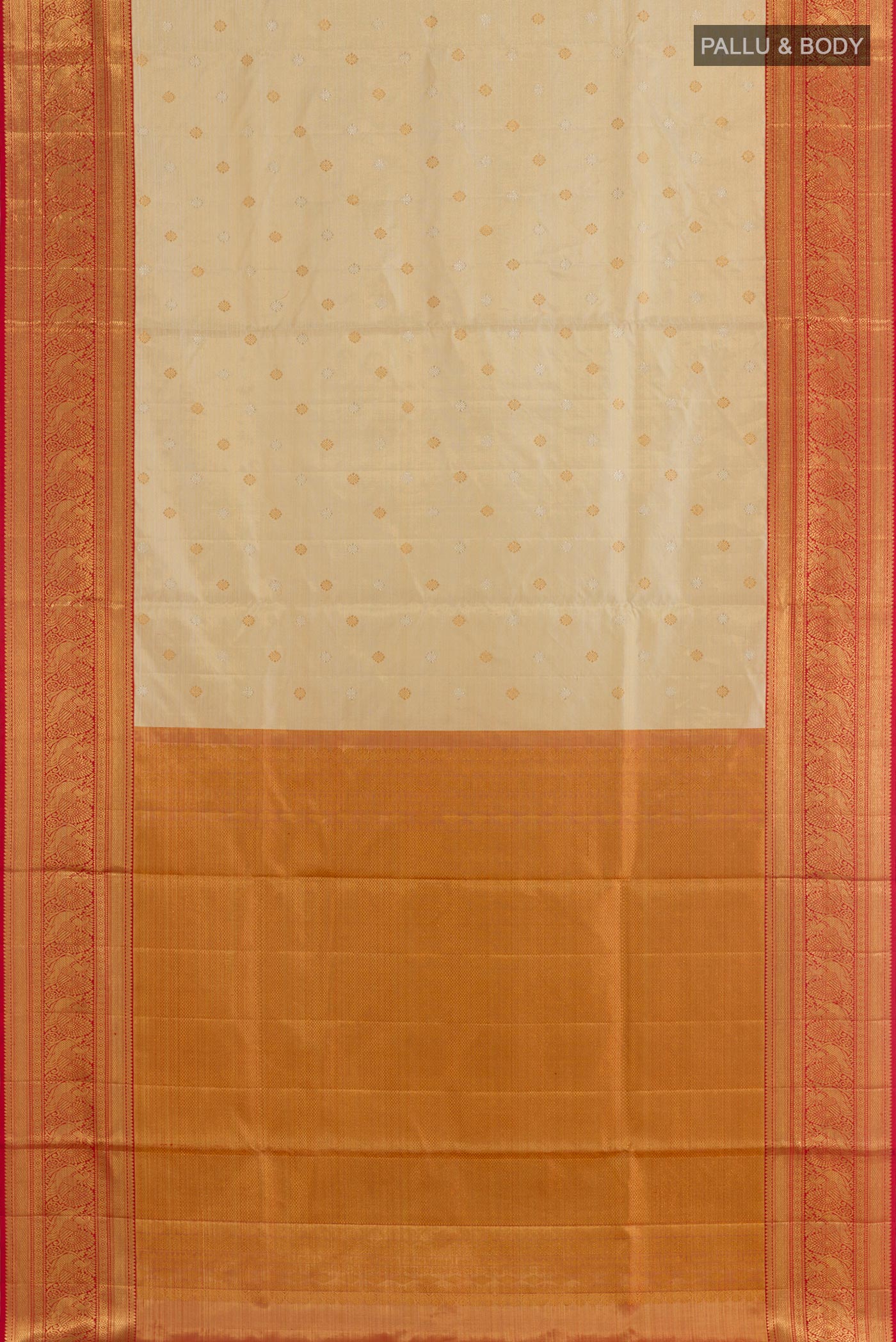 Flat view of Golden Kanjivaram Tissue Silk Saree with Zari Butta on the body and Zari Border. 