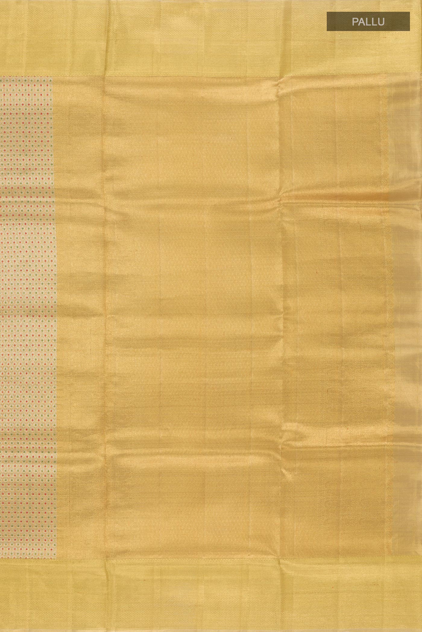 Close up image of the pallu of Golden Kanjivaram Tissue Silk Saree with Zari Brocade on the body and Zari Border. 