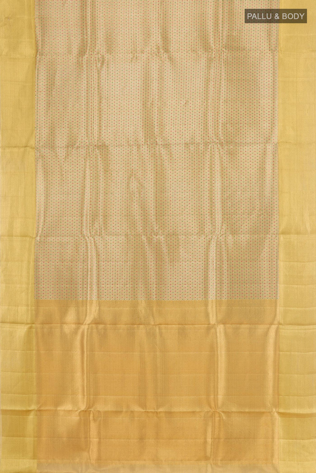 Flat view of Golden Kanjivaram Tissue Silk Saree with Zari Brocade on the body and Zari Border. 