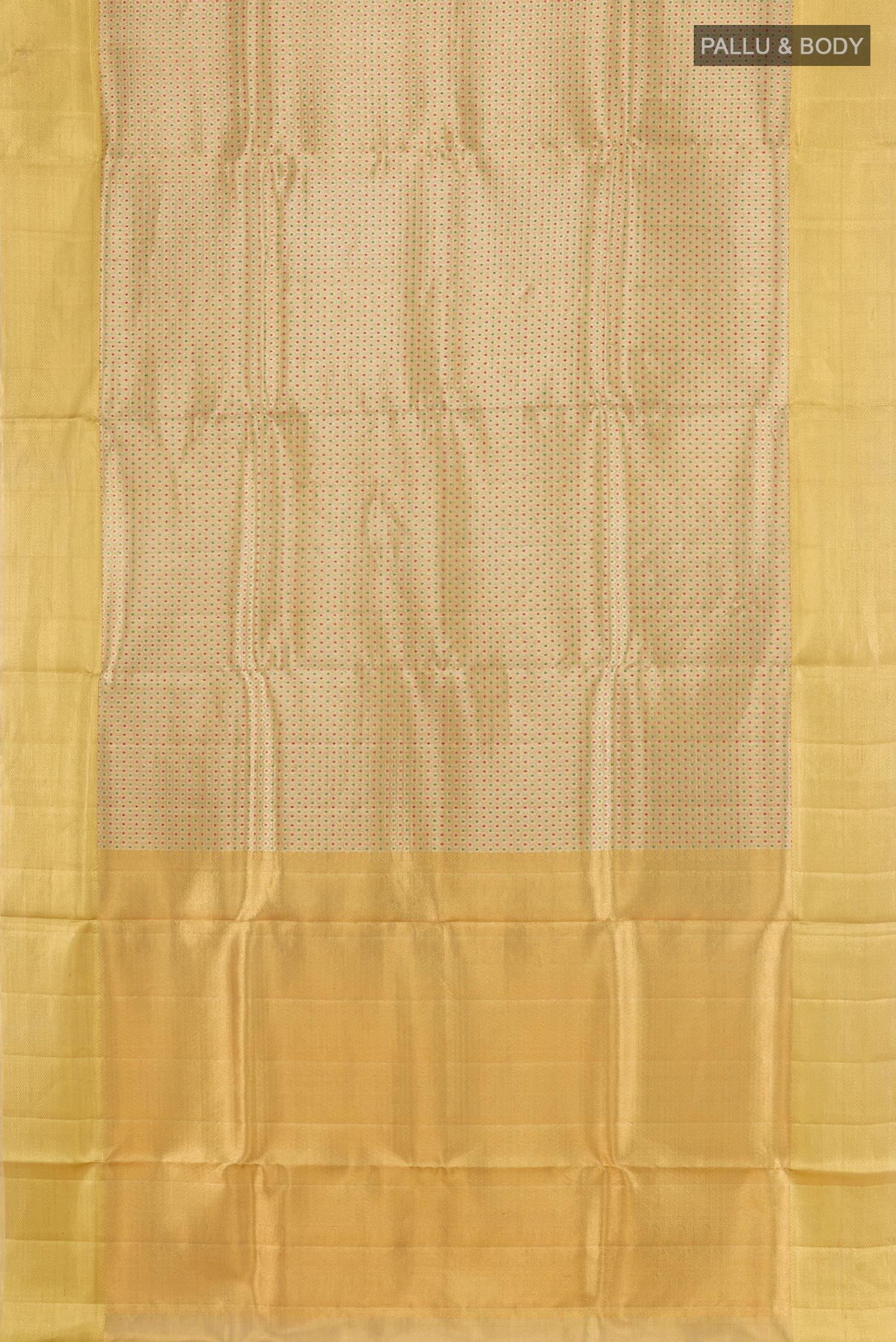 Flat view of Golden Kanjivaram Tissue Silk Saree with Zari Brocade on the body and Zari Border. 
