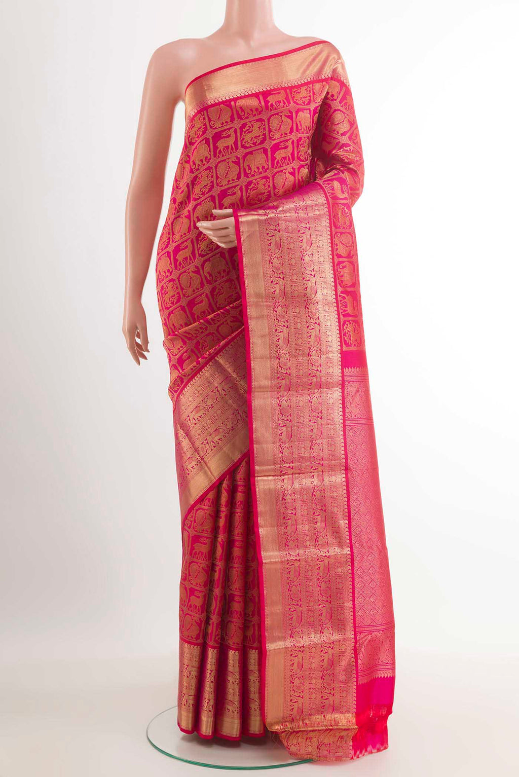 Pink Dual Tone Kanchipuram Silk Saree with Zari Brocade on the body and Zari Border.  displayed on a mannequin
