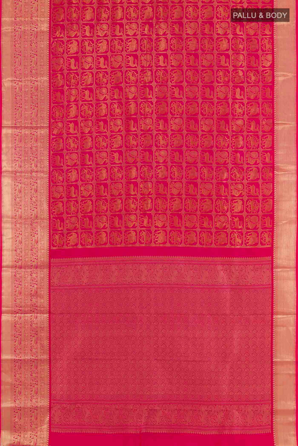 Flat view of Pink Dual Tone Kanchipuram Silk Saree with Zari Brocade on the body and Zari Border. 