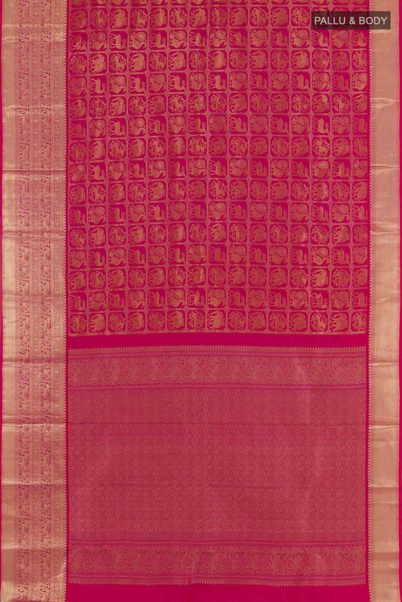 Flat view of Pink Dual Tone Kanchipuram Silk Saree with Zari Brocade on the body and Zari Border. 