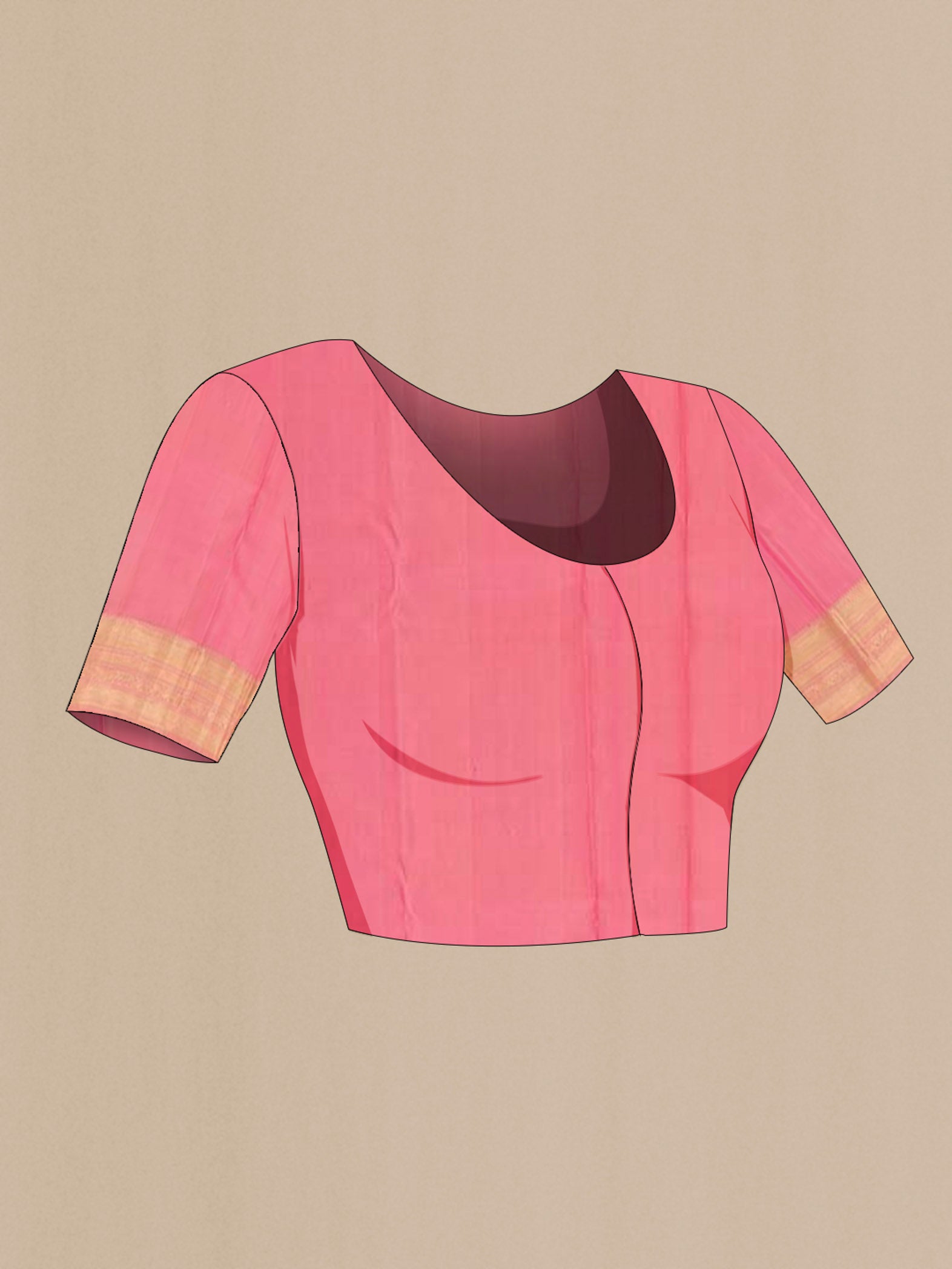 Close up image of the blouse of Pink Kanchipuram Silk Saree with Zari Brocade on the body and Zari Border. 