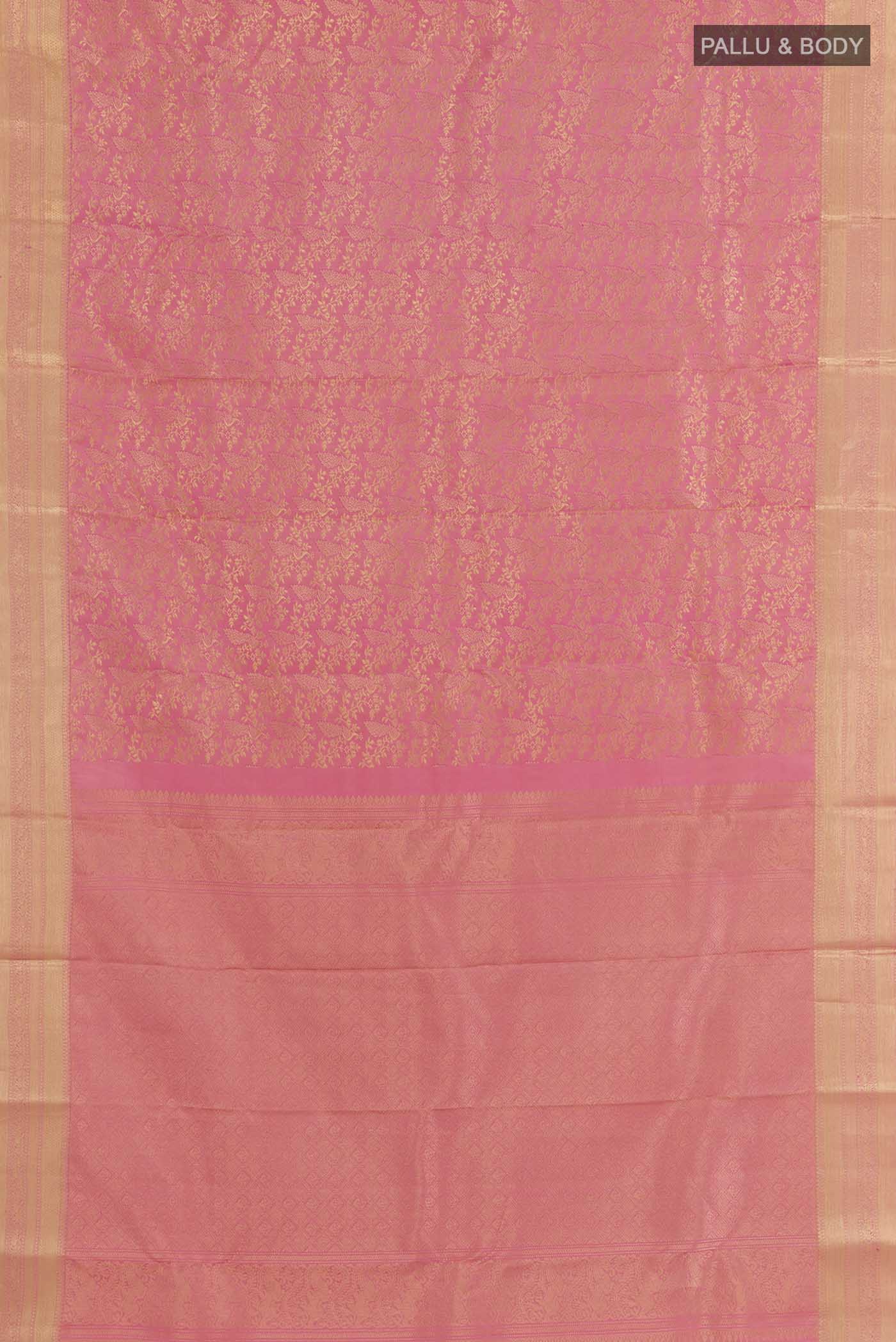 Flat view of Pink Kanchipuram Silk Saree with Zari Brocade on the body and Zari Border. 