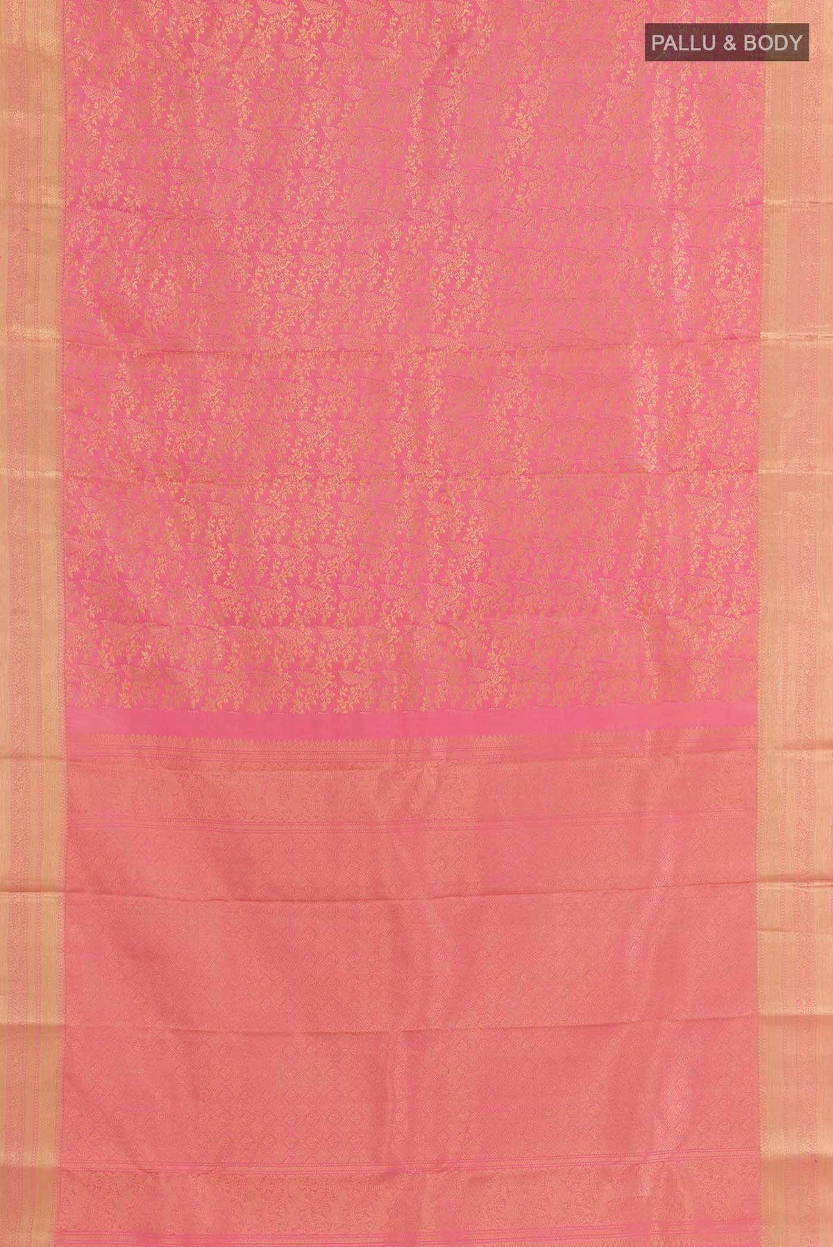 Flat view of Pink Kanchipuram Silk Saree with Zari Brocade on the body and Zari Border. 