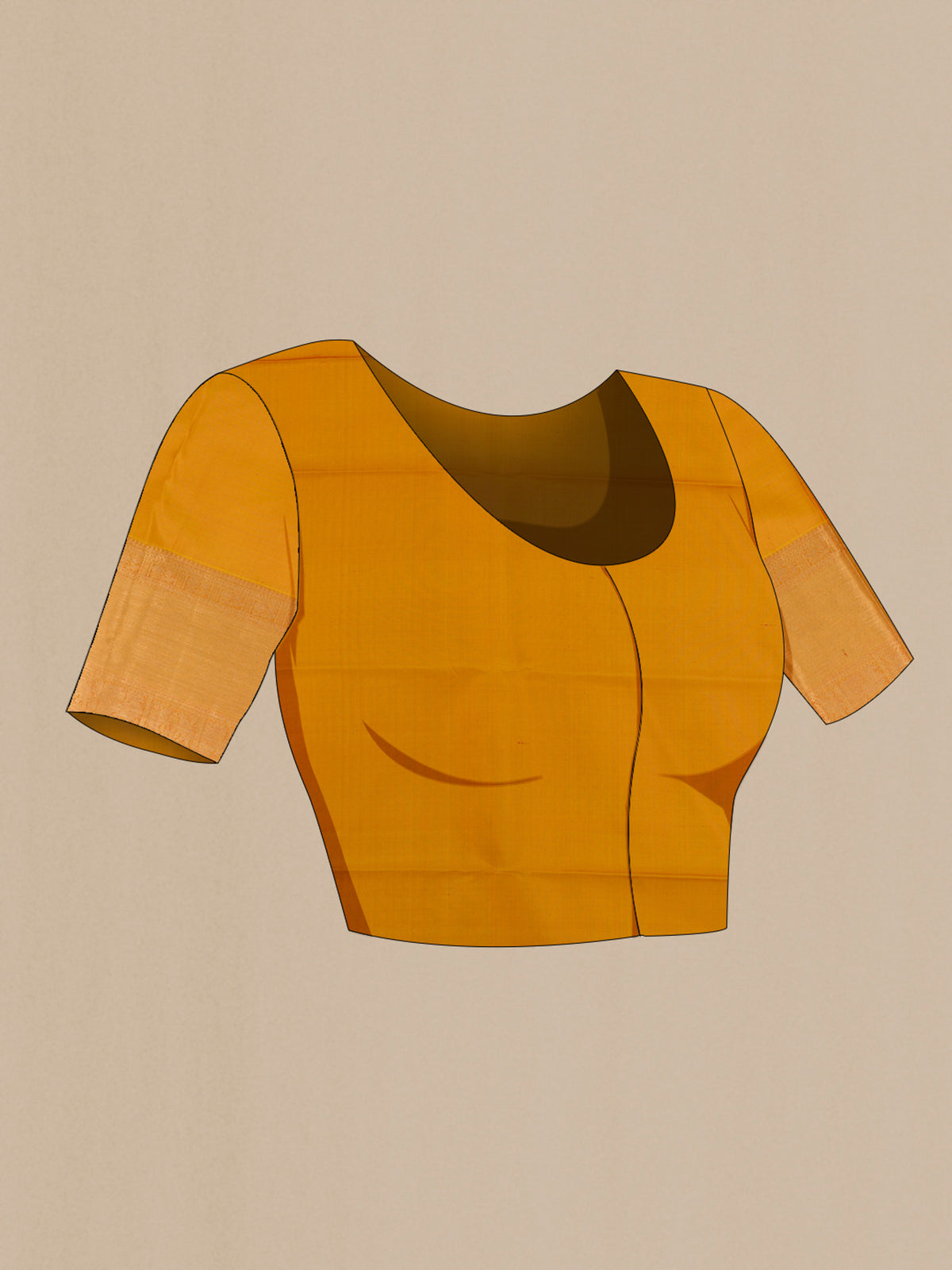 Close up image of the blouse of Pure Silk Mustard Kanchipuram Saree with Zari Brocade on the body and Zari Border. 