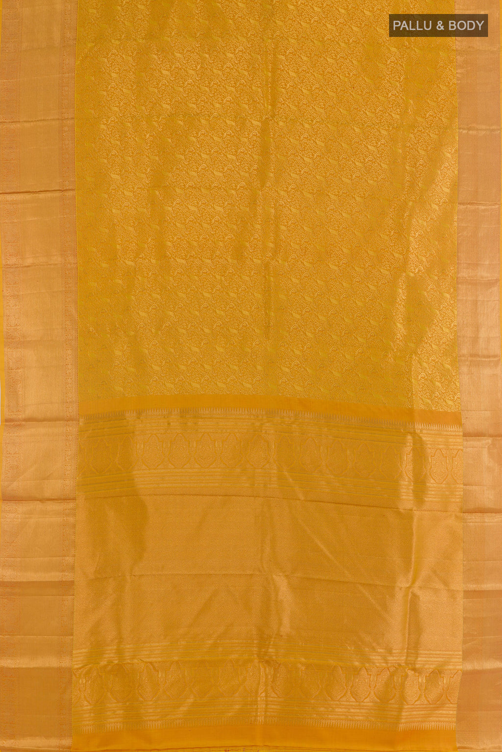 Flat view of Pure Silk Mustard Kanchipuram Saree with Zari Brocade on the body and Zari Border. 