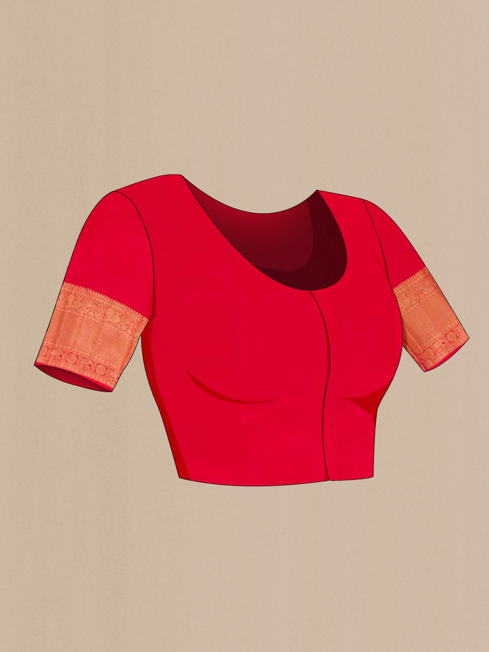 Close up image of the blouse of Red Kanchipuram Silk Saree with Zari Brocade on the body and Zari Border. 
