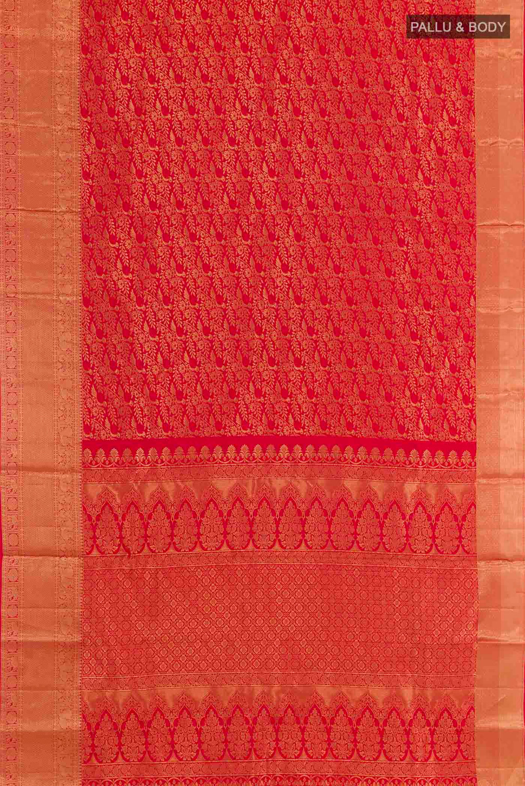 Flat view of Red Kanchipuram Silk Saree with Zari Brocade on the body and Zari Border. 