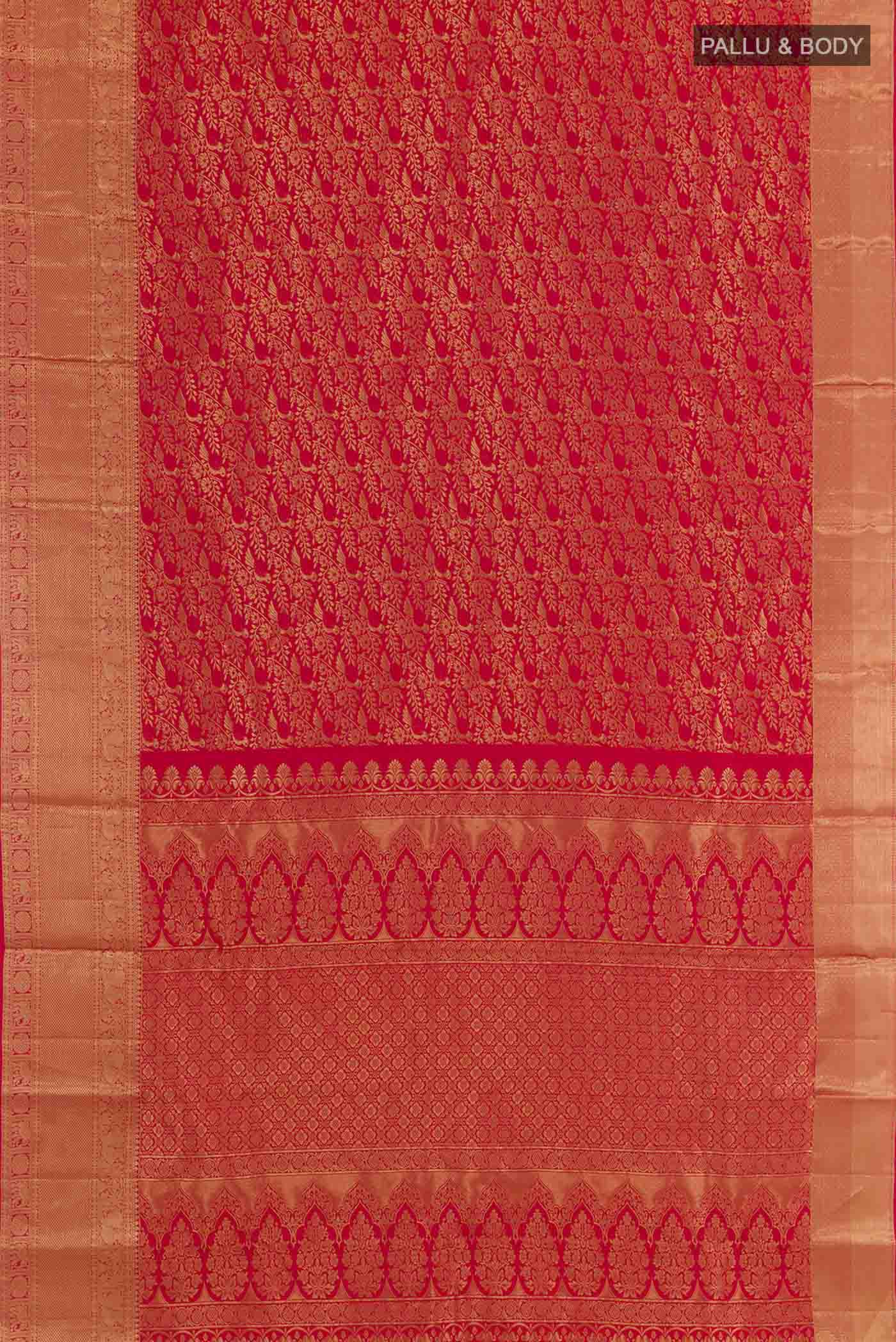 Flat view of Red Kanchipuram Silk Saree with Zari Brocade on the body and Zari Border. 
