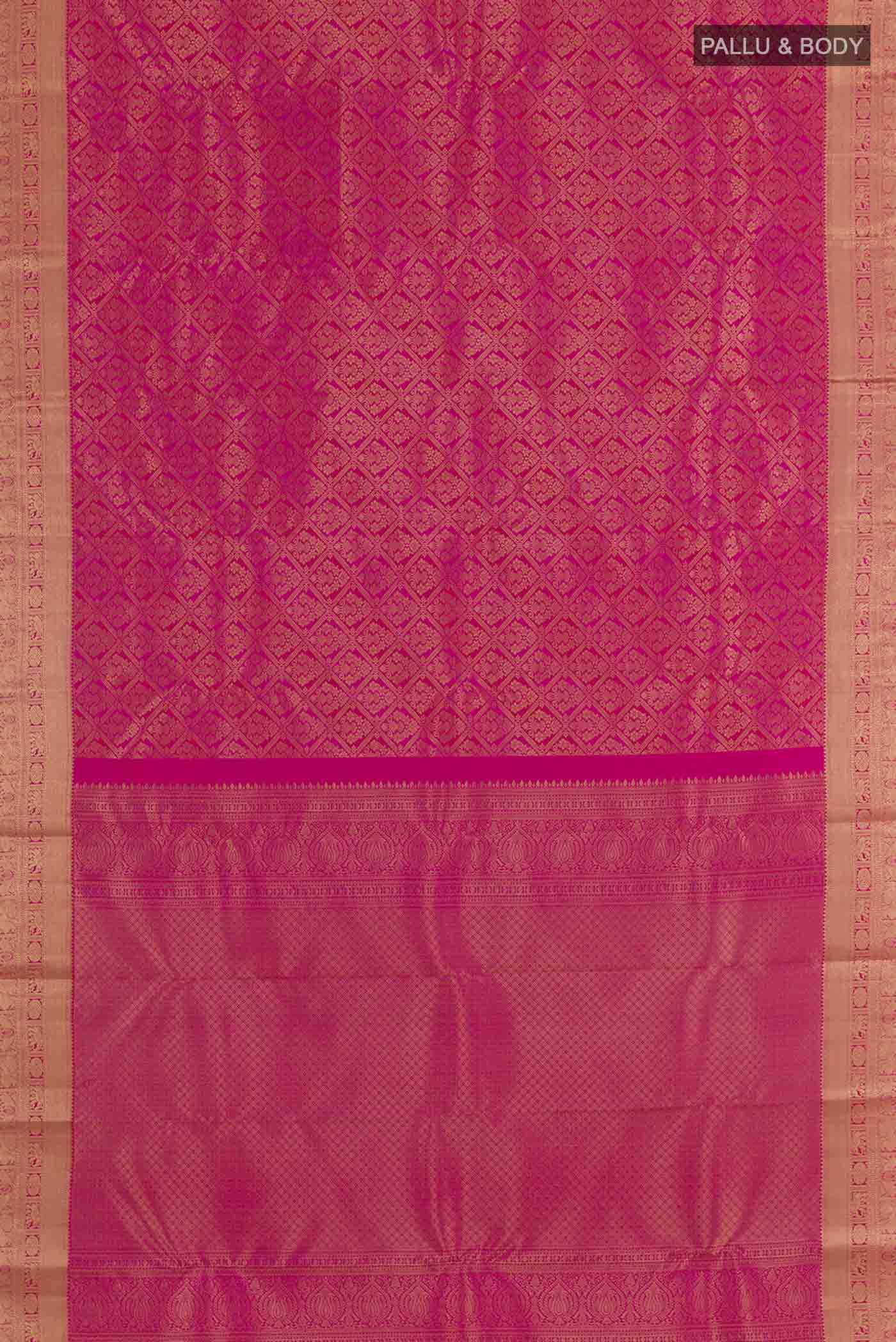 Flat view of Rani Pink Kanchipuram Silk Saree with Zari Brocade on the body and Zari Border. 