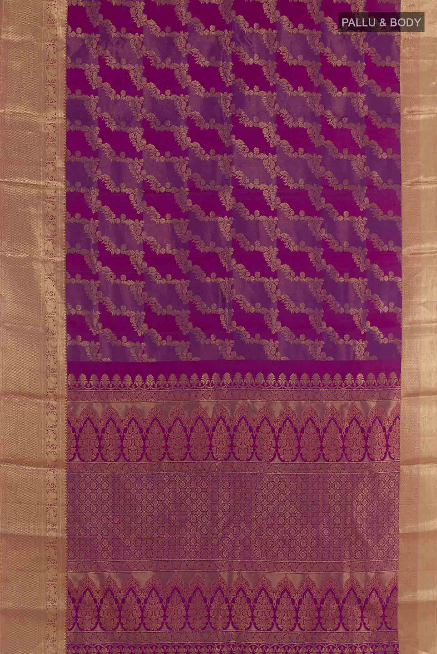 Flat view of Purple Kanchipuram Silk Saree with Zari Brocade on the body and Zari Border. 