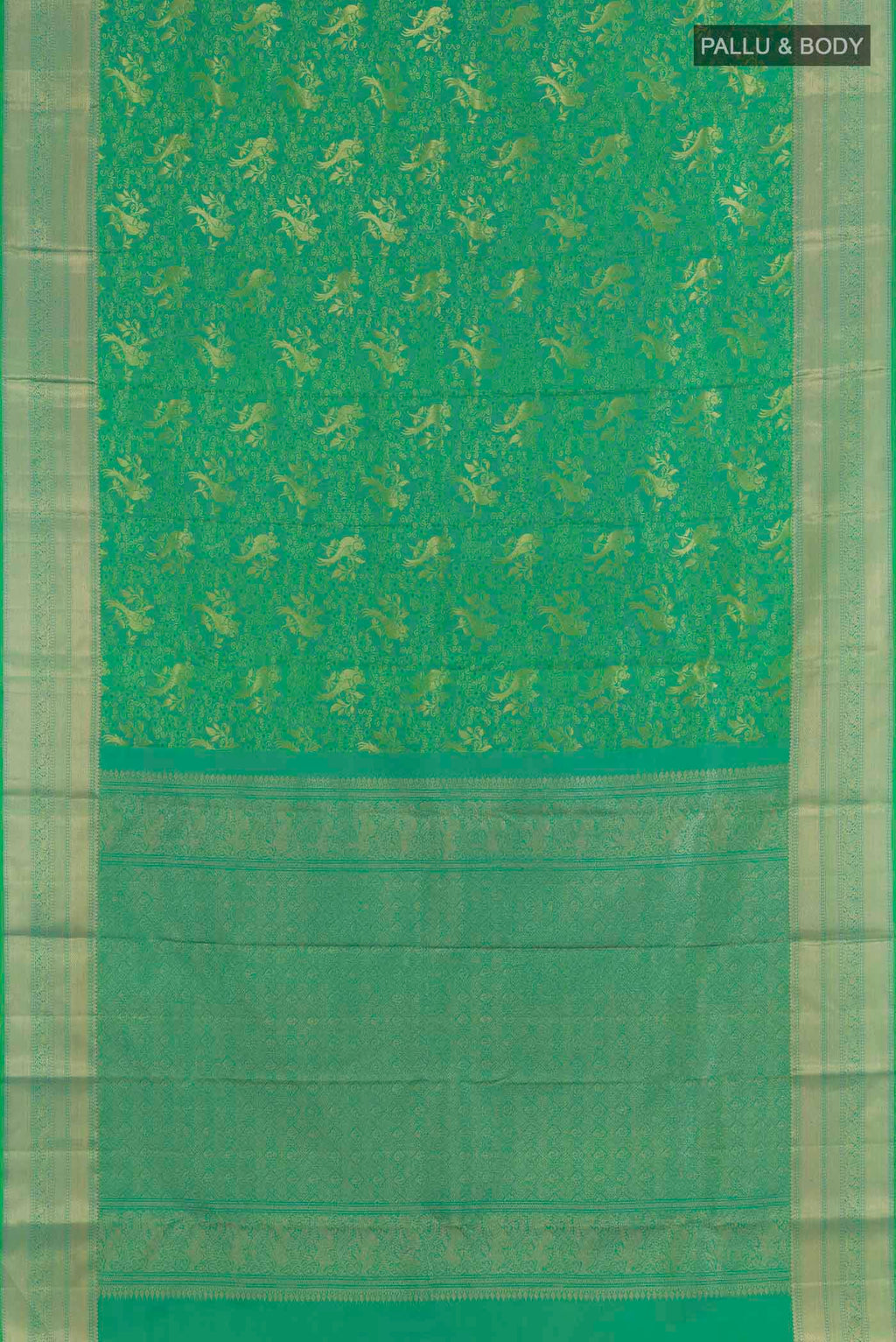 Flat view of Green Dual Tone Kanchipuram Silk Saree with Zari Brocade on the body and Zari Border. 