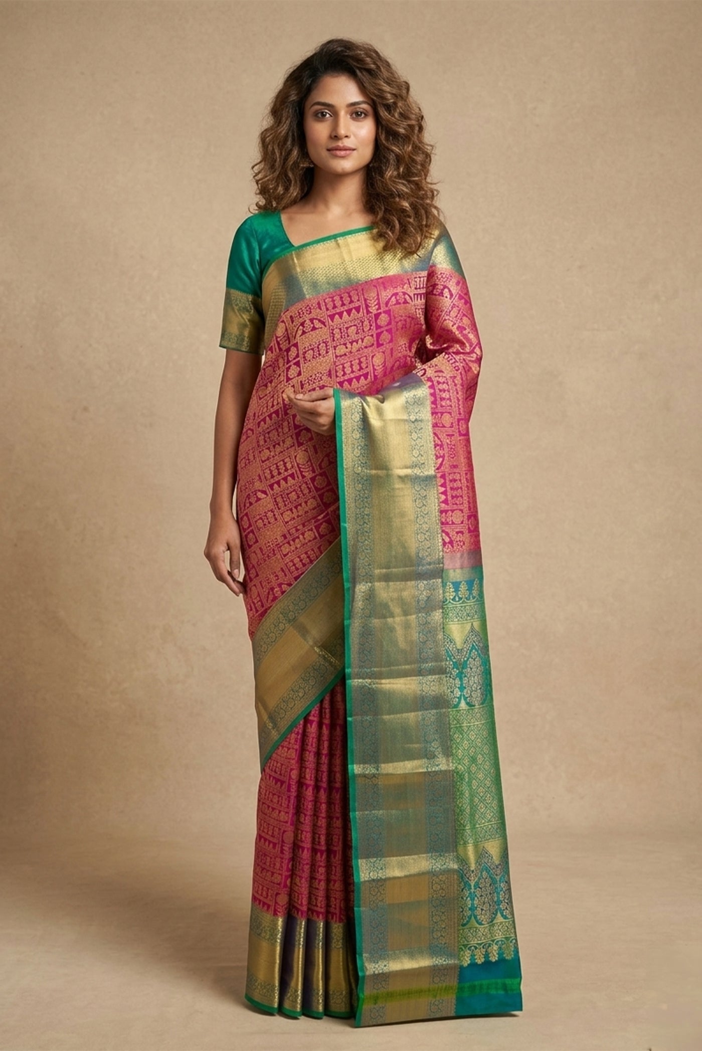 Model wearing a Purple Kanchipuram Silk Saree with Zari Brocade on the body and Zari Border.
