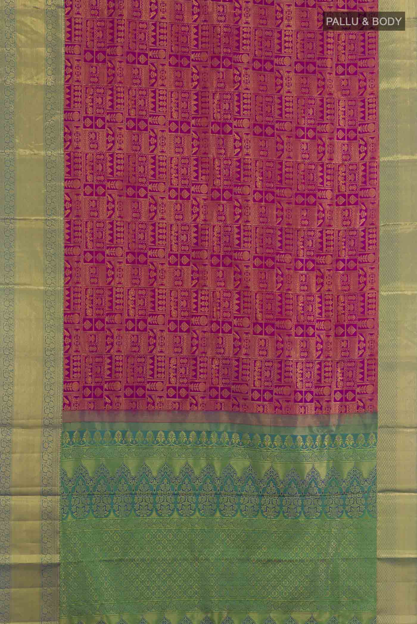 Flat view of Purple Kanchipuram Silk Saree with Zari Brocade on the body and Zari Border. 
