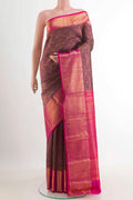 Purple Kanchipuram Silk Saree with Zari Brocade on the body and Zari Border.  displayed on a mannequin