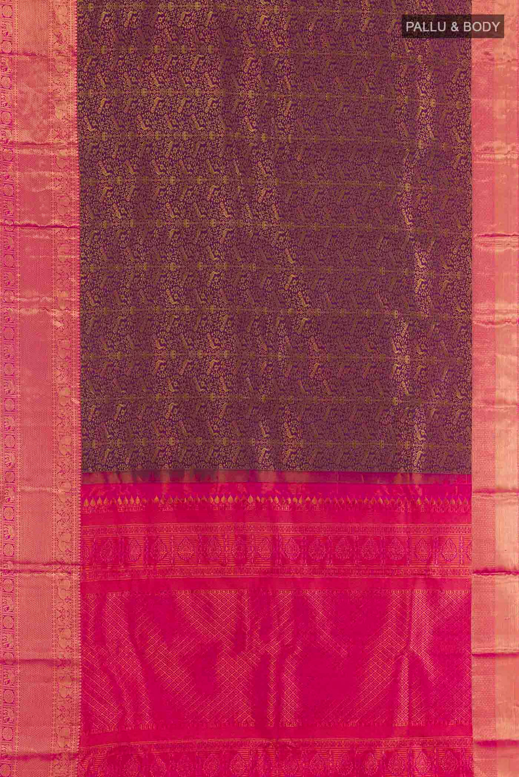 Flat view of Purple Kanchipuram Silk Saree with Zari Brocade on the body and Zari Border. 
