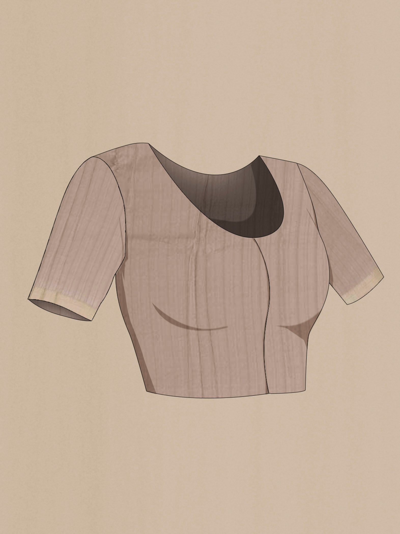 Close up image of the blouse of Beige Mysore Crepe Saree with Zari Butta on the body and Zari Border. 