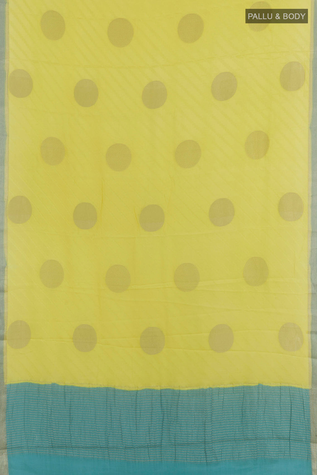 Flat view of Yellow Mysore Crepe Saree with Zari Butta on the body and Zari Border. 