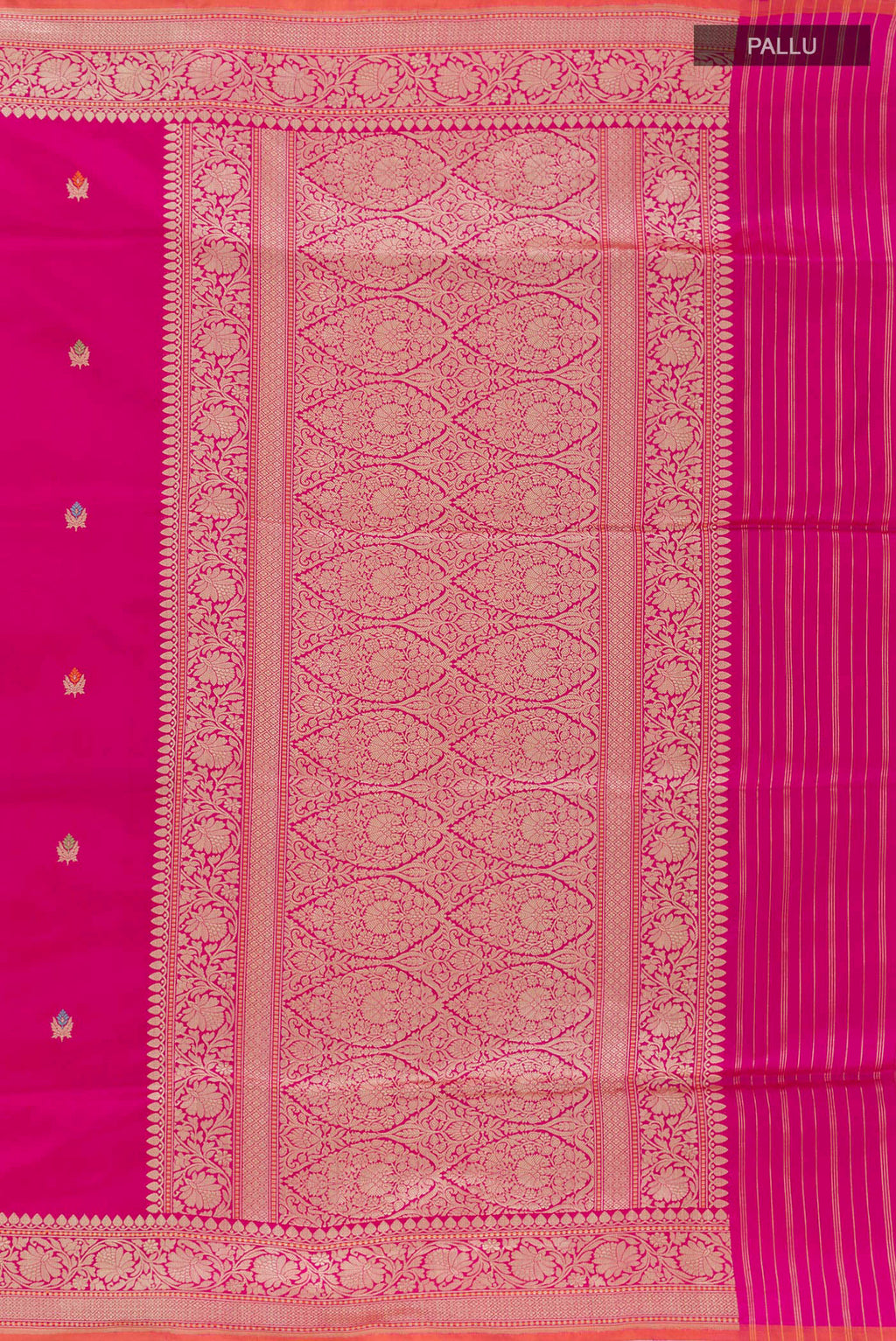 Close up image of the pallu of Pink Banarasi Silk Saree with Zari Butta on the body and Zari Border. 